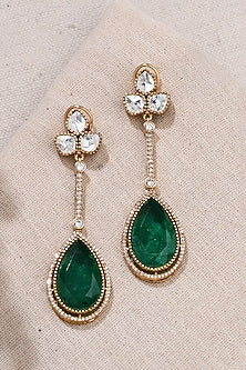 Gold Finish Dark Green Stone Dangler Earrings