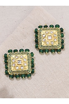Gold Finish Green Stone Stud Earrings