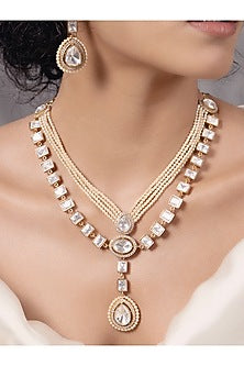 Gold Finish Kundan Polki & Pearl Choker Necklace Set