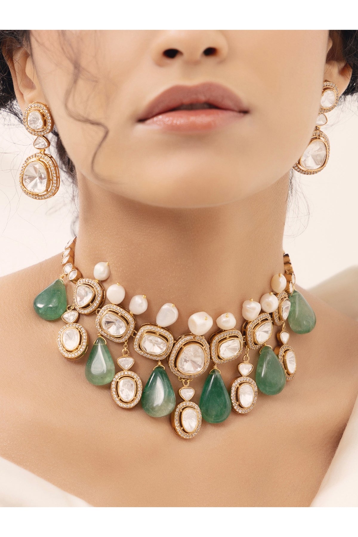 Gold Finish Kundan Polki & Pearl Choker Necklace Set