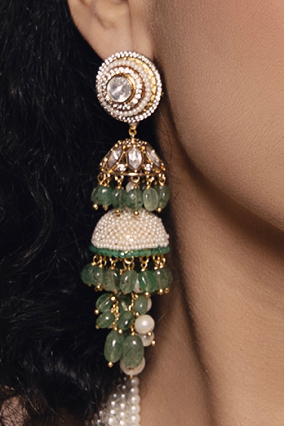 Gold Finish Kundan Polki & Pearl Dangler Earrings