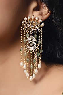 Gold Finish Kundan Polki & Pearl Dangler Earrings