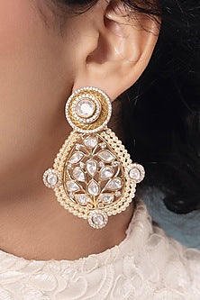Gold Finish Kundan Polki & Pearl Dangler Earrings