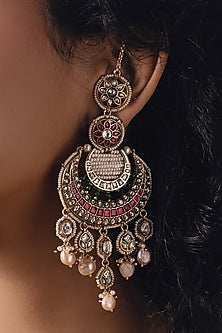 Gold Finish Kundan Polki & Pearl Chandbali Earrings
