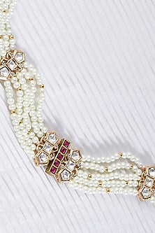 Gold Finish Pearl & Pink Stone Layered Necklace