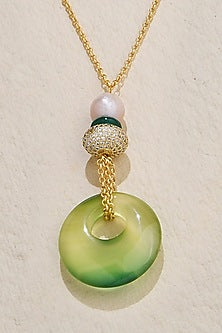 Gold Finish Green Jade Stone Donut Shaped Pendant Necklace