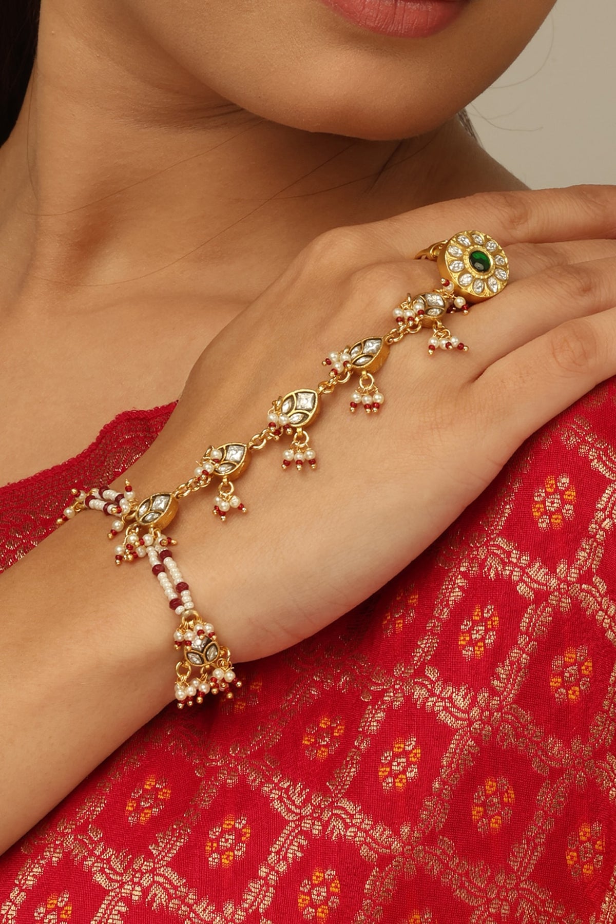 Gold Finish Kundan Polki & White Beaded Mehira Haathphool