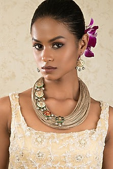 Gold Finish Choker Necklace Set With Shell Pearls