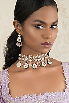 Gold Finish Rose Quartz Drop Necklace Set