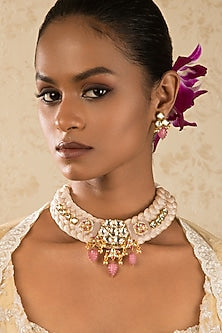 Gold Finish Rose Quartz Choker Necklace Set