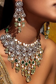 Gold Plated Hydro Polki & Hydro Emerald Necklace Set