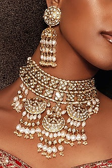 Gold Plated Hydro Polki & Freshwater Pearl Necklace Set