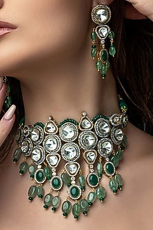 Gold Plated Hydro Polki & Hydro Emerald Necklace Set