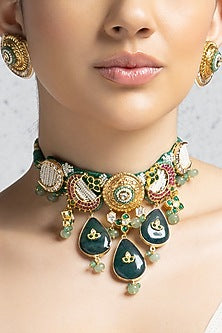Gold Plated Hydro Ruby & Agate Beaded Choker Necklace Set