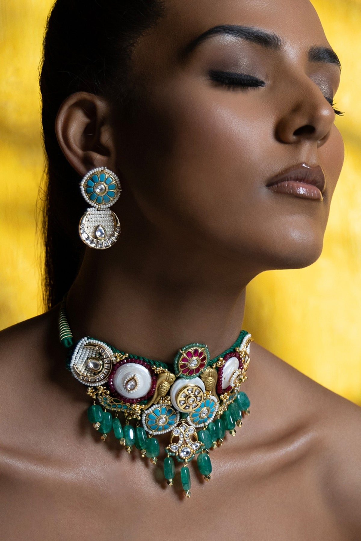 Gold Plated Hydro Ruby & Hydro Polki Choker Necklace Set