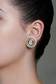 Yellow Gold Finish Kundan Polki Stud Earrings