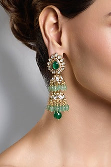 Yellow Gold Finish Emerald Green Stone Floral Long Earrings