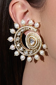 Yellow Gold Finish Kundan Polki & Pearl Stud Earring