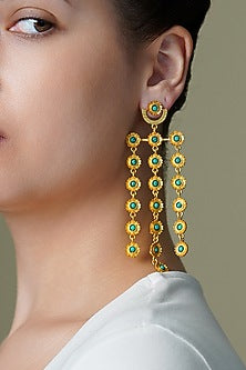 Yellow Gold Finish Green Stone Chandelier Earrings