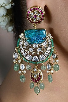 Gold Finish Kundan Polki & Multi-Colored Stone Chandbali Earrings
