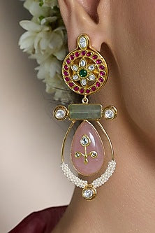Gold Finish Pink & Green Kundan Polki Drop Earrings