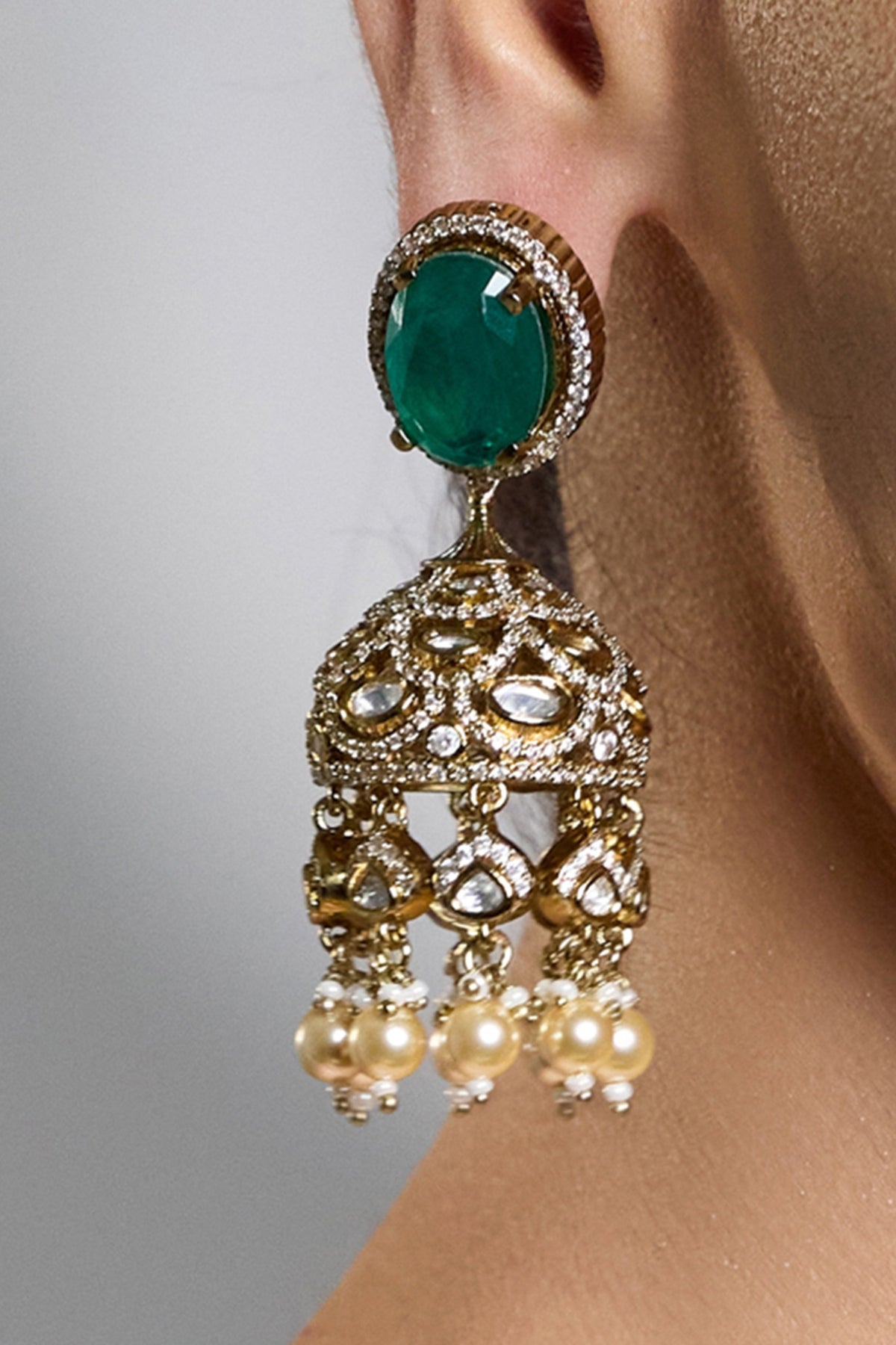 Gold Finish Kundan Polki & Emerald Green Stone Jhumka Earrings