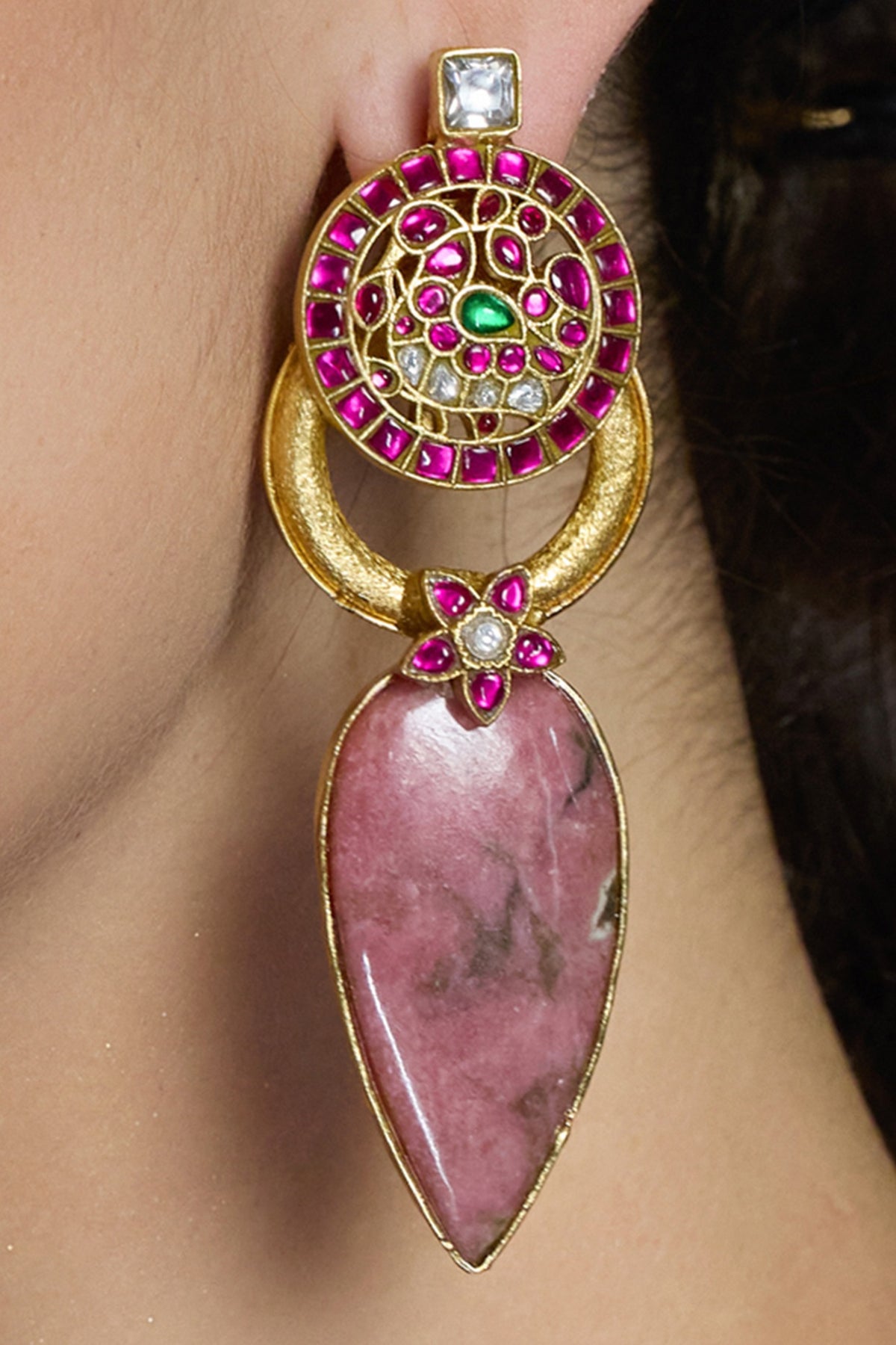 Yellow Gold Finish Pink Stone Drop Earrings
