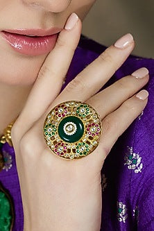 Yellow Gold Finish Multi-Colored Stone Meenakari Ring
