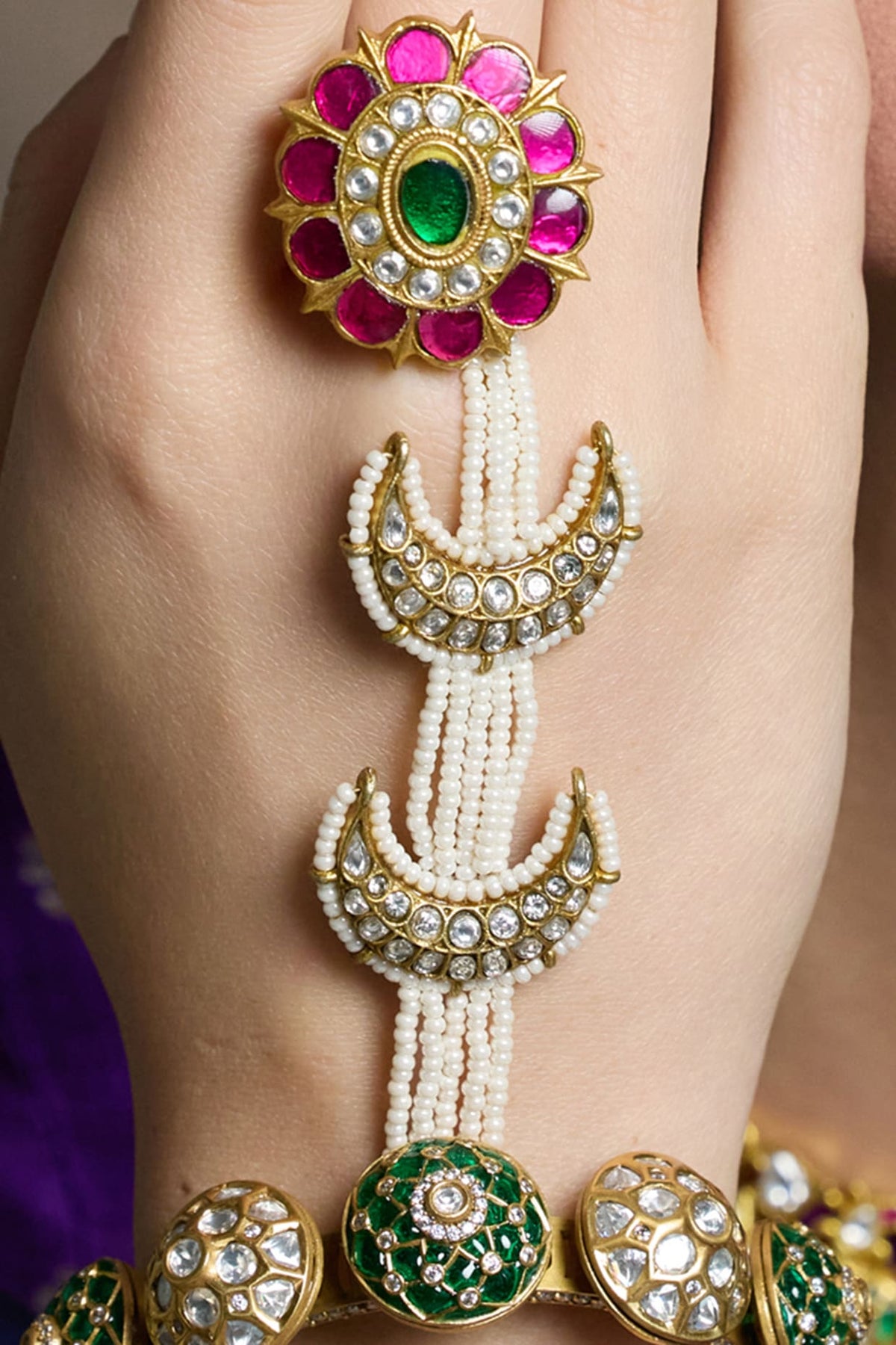 Yellow Gold Finish Ruby & Emerald Stone Temple Bangle