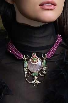 Yellow Gold Finish Pink Beaded Handcrafted Necklace