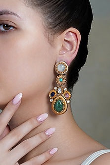 Yellow Gold Finish Multi-Colored Stone Dangler Earrings