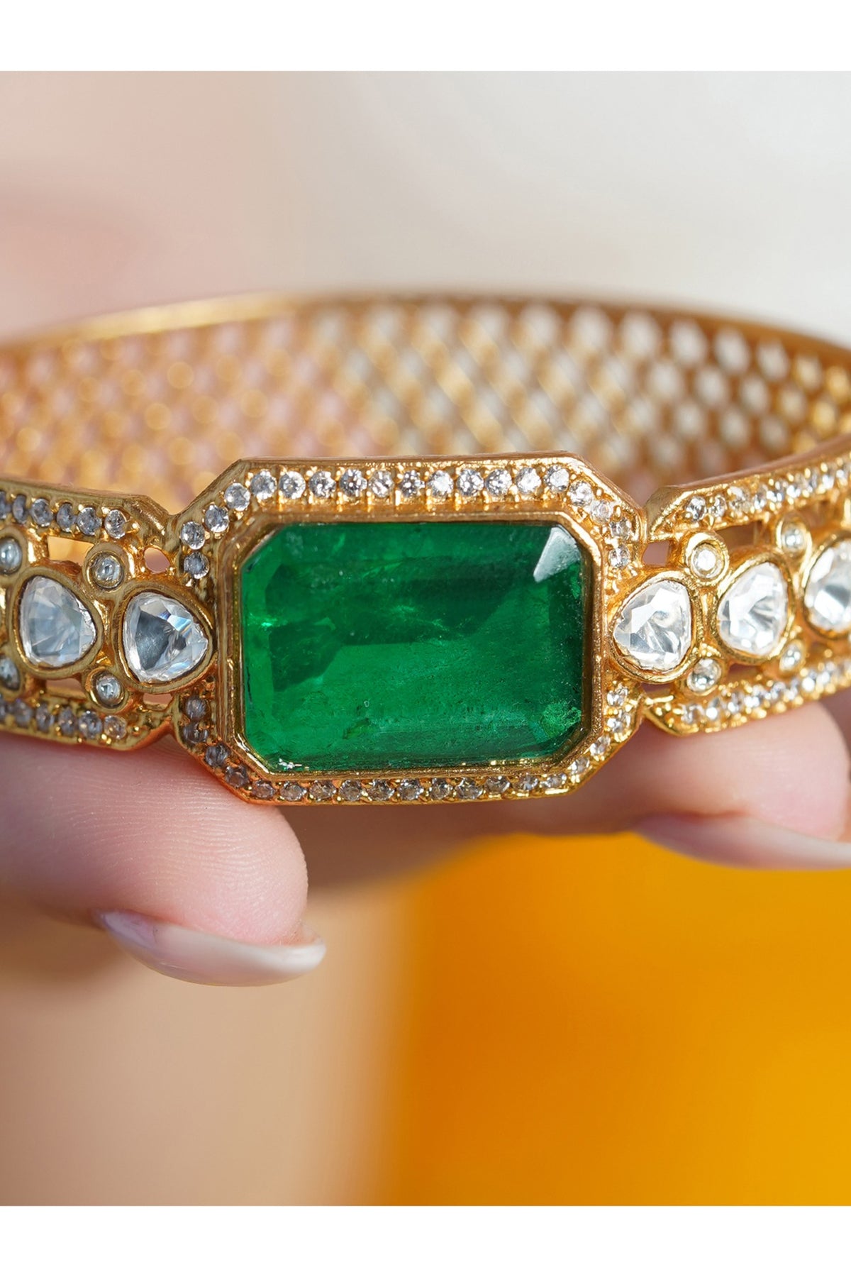 Yellow Gold Finish Kundan Polki & Green Stone Bracelet