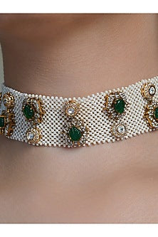 Yellow Gold Finish Pearl & Emerald Stone Floral Choker Necklace