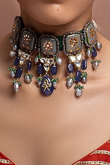 Gold Finish Kundan Polki & Pearl Meenakari Necklace