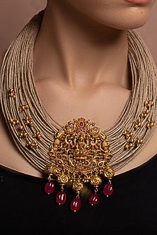 Gold Finish Lakshmi Pendant Necklace