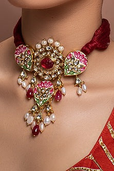 Gold Finish Zircons Meenakari Necklace