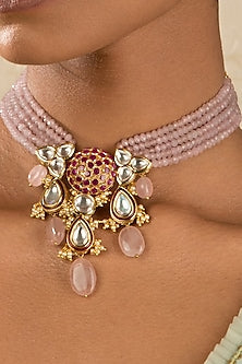 Gold Finish Kundan Polki & Agate Beaded Necklace