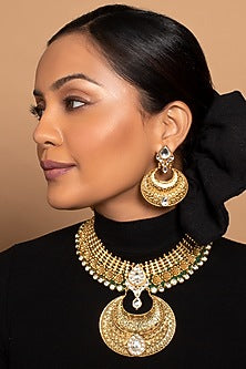 Gold Finish Kundan Polki Handcrafted Necklace Set In Brass