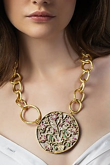 Gold Finish Enameled Pendant Necklace