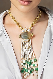 Gold Finish Freshwater Pearl & Jade Beaded Handcrafted Enameled Long Necklace