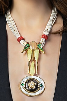Gold Finish Pearls & Agate Stone Handcrafted Enameled Pendant Necklace