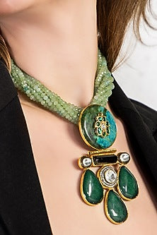 Green Drops & Agate Beaded Enameled Bohemian Necklace