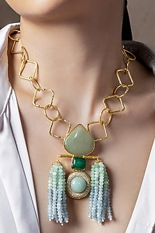 Gold Finish Jade & Agate Beaded Handcrafted Enameled Pendant Necklace