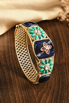 Gold Finish Green & Blue Semi-Precious Stone Kada