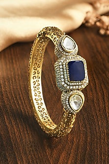 Gold Finish Sapphire Kundan Polki & Blue Stone Kada
