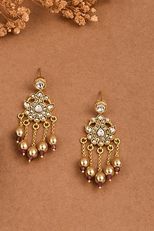 Gold Finish Ruby Pearl Jadau Dangler Earrings