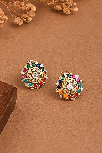 Gold Finish Multi-Colored Stone Star Shaped Stud Earrings