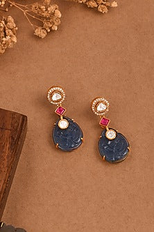 Gold Finish Azure Blue Motif Dangler Earrings