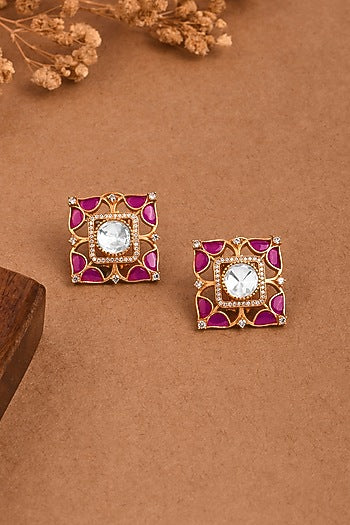 Gold Finish Pink Stone Square Stud Earrings