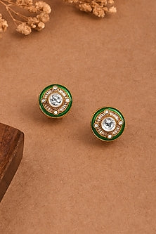 Gold Finish Green Meenakari Kundan Polki Stud Earrings
